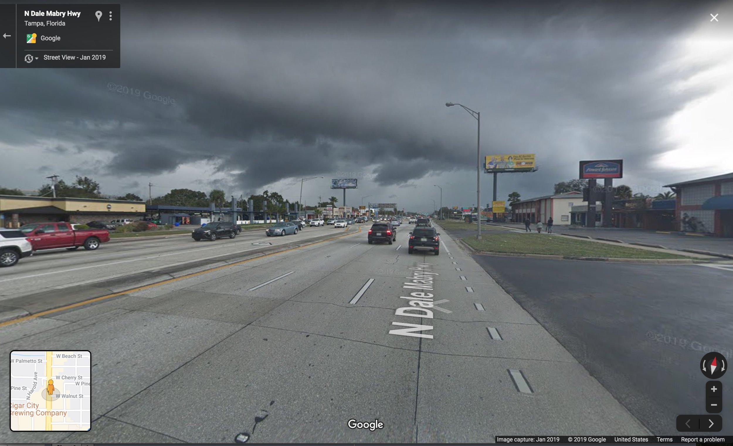 All-too-typical Tampa landscape: auto-oriented businesses and parking lots along a massive (and expensive) stroad.