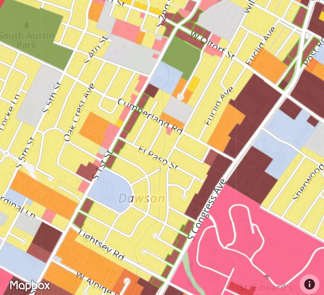 An example of single-family zone (in yellow) existing in close proximity to two streets with transit and more dense development, via City of Austin