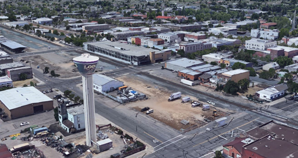 Multiple vacant city blocks cut Lodi in half and offer an opportunity for a community commons. Source: Google