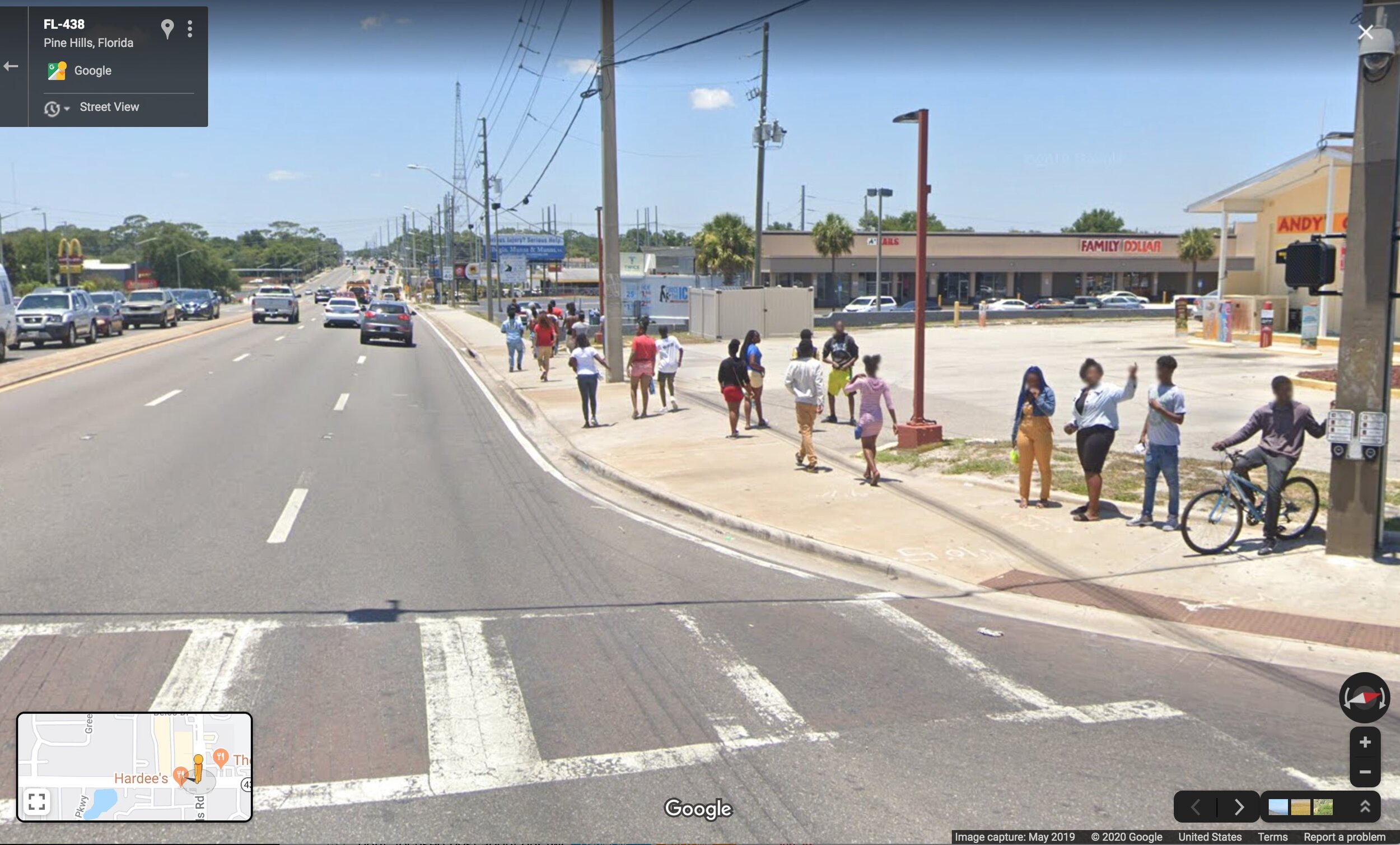  Three lanes each way with no shoulder, and no buffer between the curb and the sidewalk, providing walkers little protection from fast traffic. 