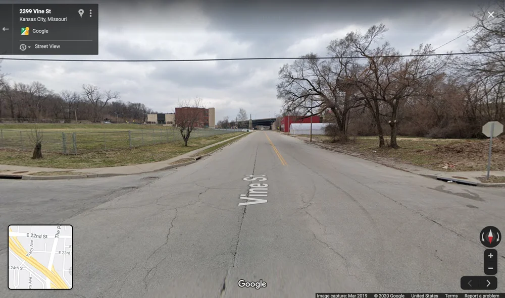 Vine and 24th, near the US-71 freeway. This is an area described in  Race, Real Estate, and Uneven Development: The Kansas City Experience  as having formally been an economic center for Black businesses. (Image source: Google. Click through to explore in Google Maps.)