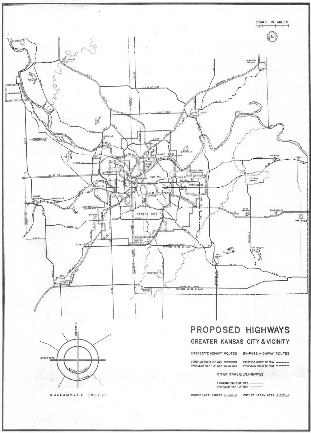 A 1947 map of highway plans for the Kansas City region shows “proposed rights of way” slicing up the city, including what would become the Downtown Loop. Click to view larger.