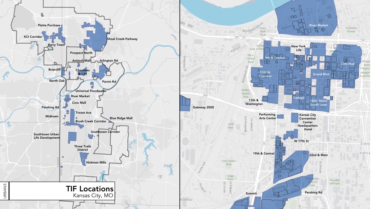 This map shows the geographic extent of TIF districts in Kansas City, MO. TIF has been used as a tool in every section of the city, and in many areas that are neither poor nor disinvested. Click to view larger. (Source: Urban3)