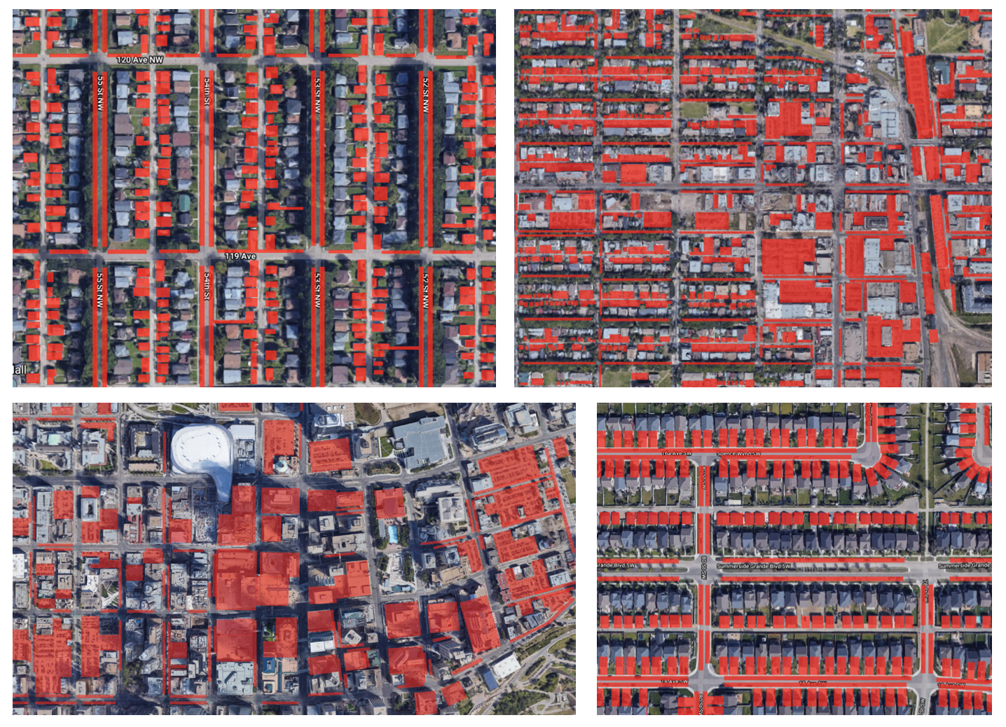 Figure 1: Areas in red show space allocated to parking in different locations in Edmonton. From top left to bottom right: mature neighborhood, Strathcona, Downtown, developing neighborhood/suburb. Image source.