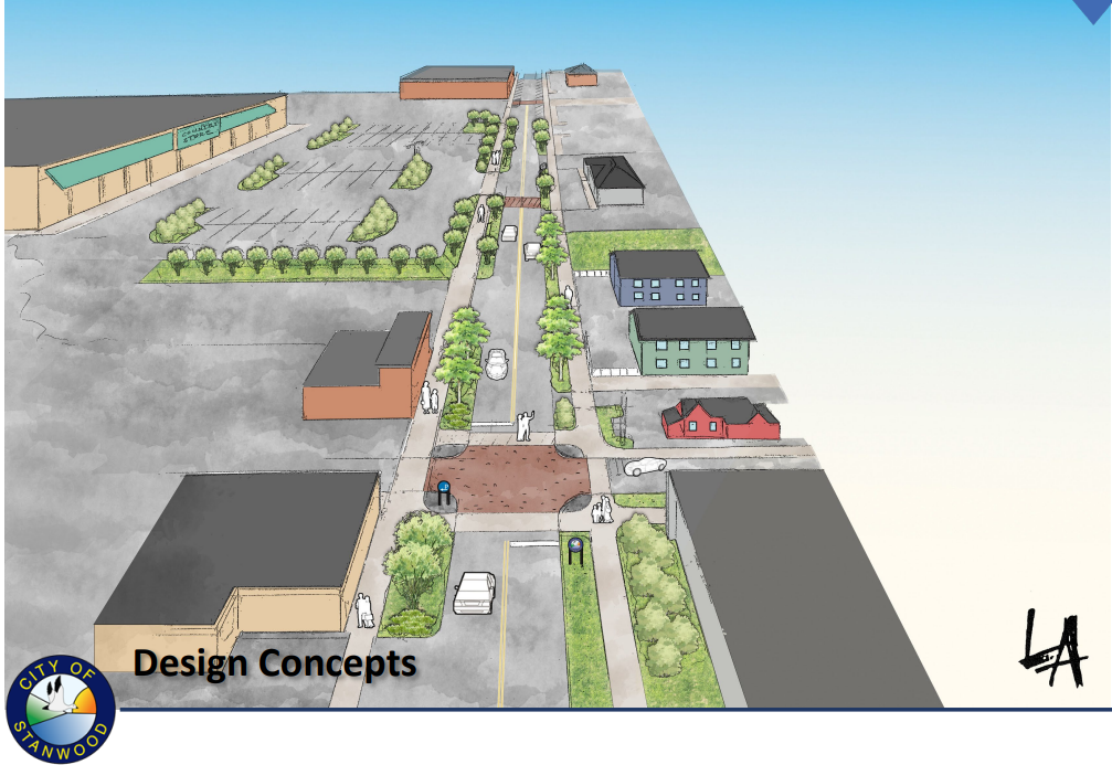   The Central Mile County Store section includes planted strips and sidewalk upgrades on a narrowed street. (Source: City of Stanwood.)  