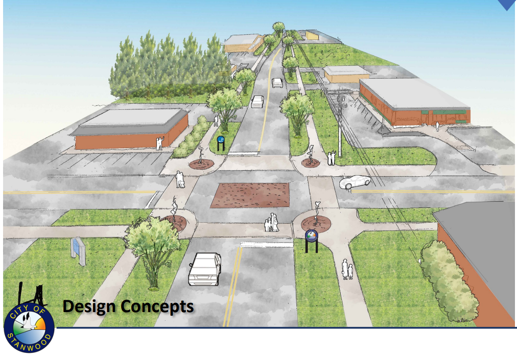   A drawing of 92nd Avenue and 271st Street shows planter buffers, widen sidewalks, and improved crossings on a narrowed street. (Source: City of Stanwood.)  