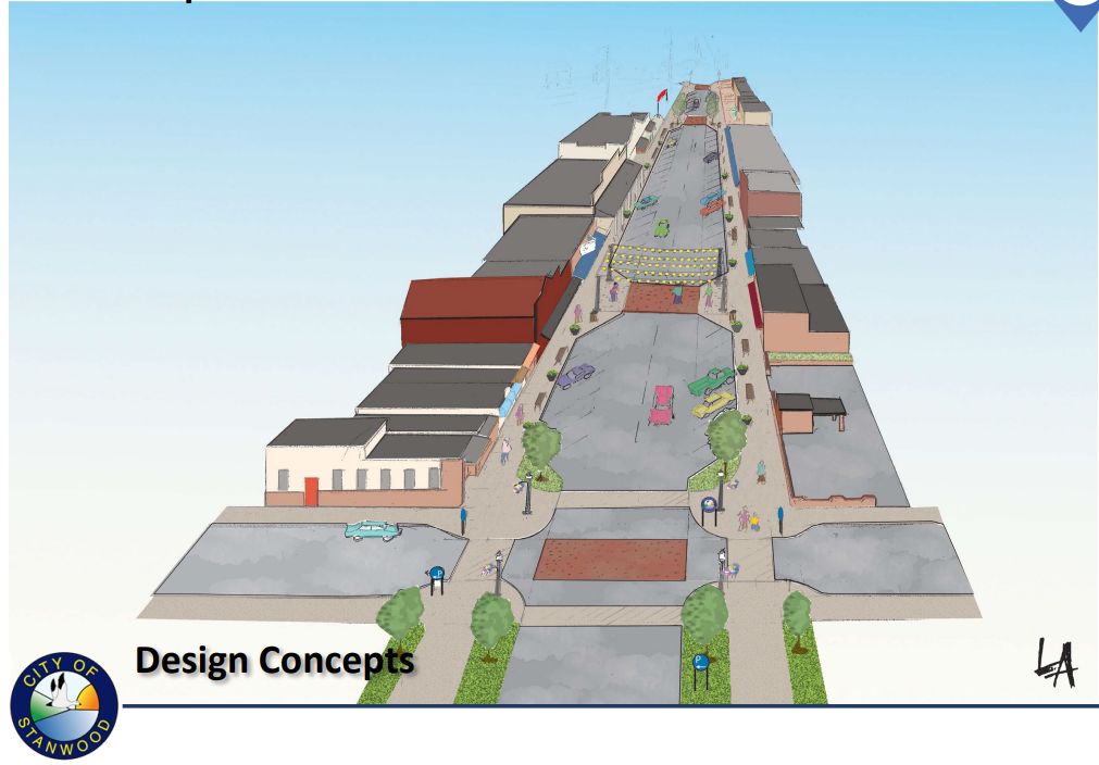   The Historic East section includes a gateway arch, which doubles by accentuating a narrowed crosswalk. Angle parking is retained here, but bump outs narrow crossings at intersections. The Amtrak Station is in the east section. (Source: City of Stan