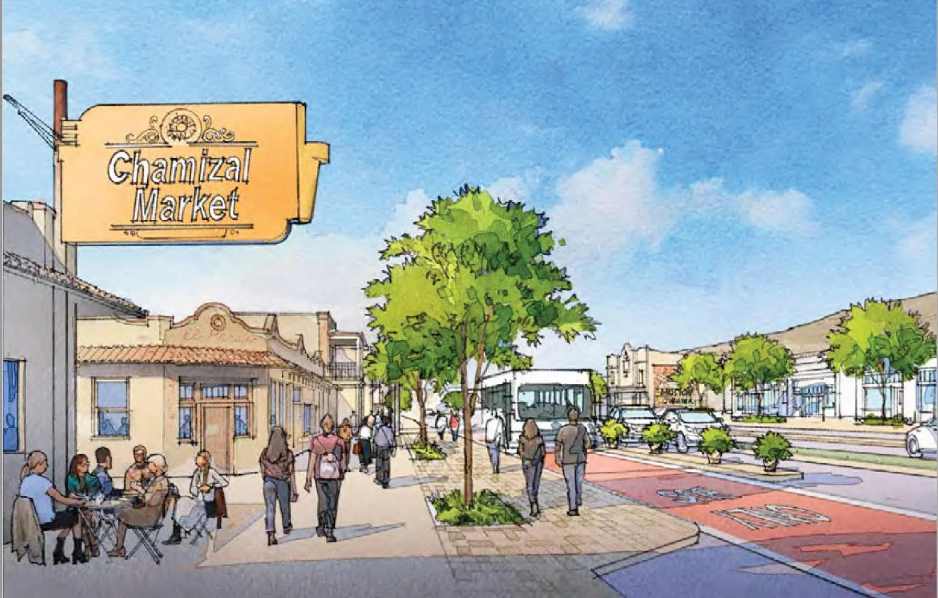 A drawing of a pedestrian friendly street, with narrowed lanes for cars and a separate bus lane.