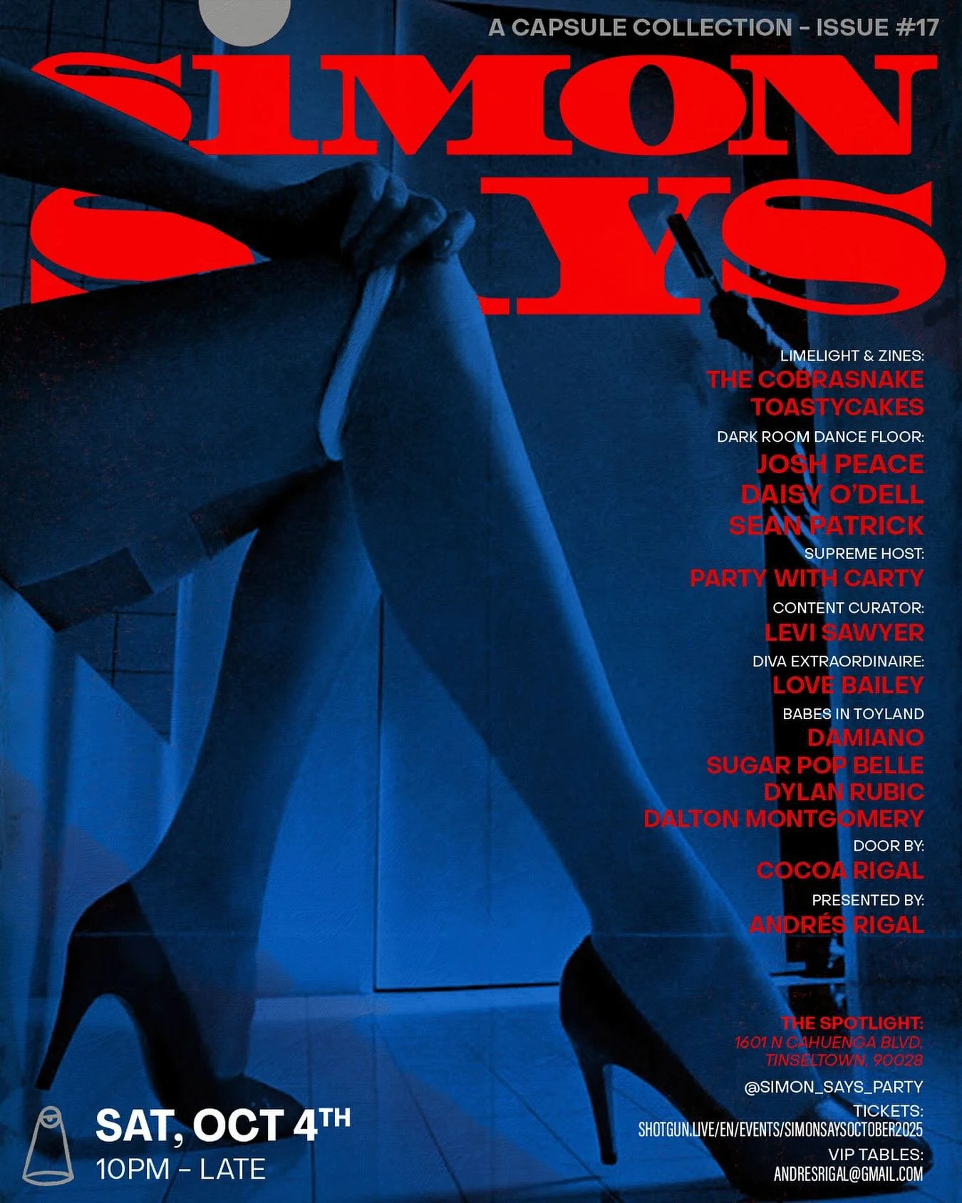 SIMON SAYS 🫦🥀
A Capsule Collection, ISSUE #17 | SATURDAY 10/04

🪩✨ Deep Dance Floor by @djjoshpeace @daisyodell @therealseanpatrick 

🧚&zwj;♀️🦄 Turn a Look&hellip; Get in The Book 

📸📕 Limited-edition photo zines by @TheCobraSnake &amp; @Toast