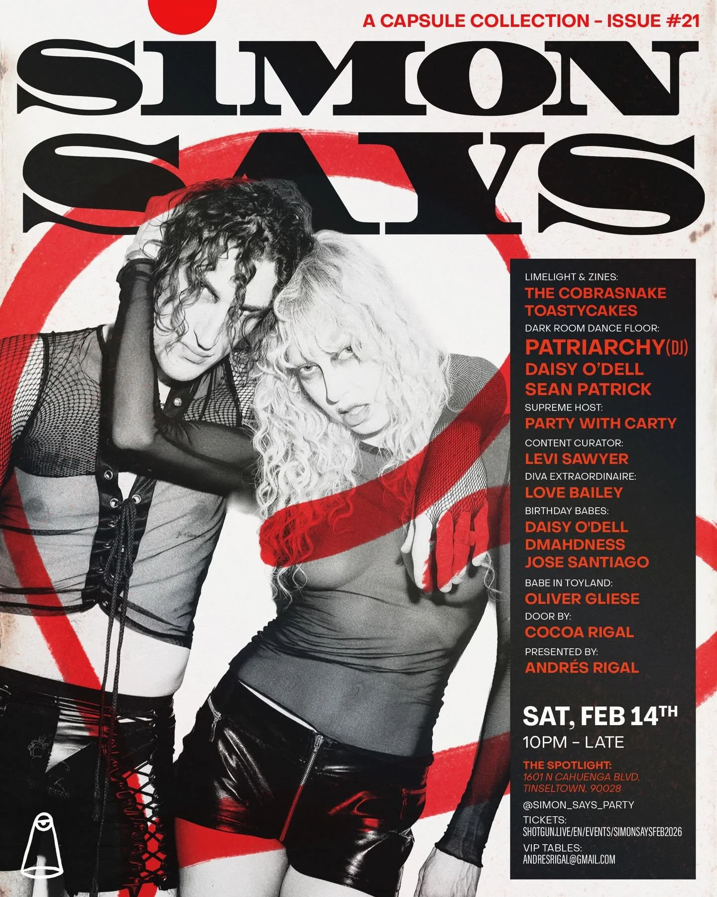 SIMON SAYS 🫦🥀
A Capsule Collection, ISSUE #21 | SATURDAY 2/14

🎧⛓️ PATRIARCHY (DJ SET)
Industrial electronics, nocturnal dance-floor intensity, and unapologetic confrontation define @_patriarchy_ . Led by Actually Huizenga alongside Andrew Means, 
