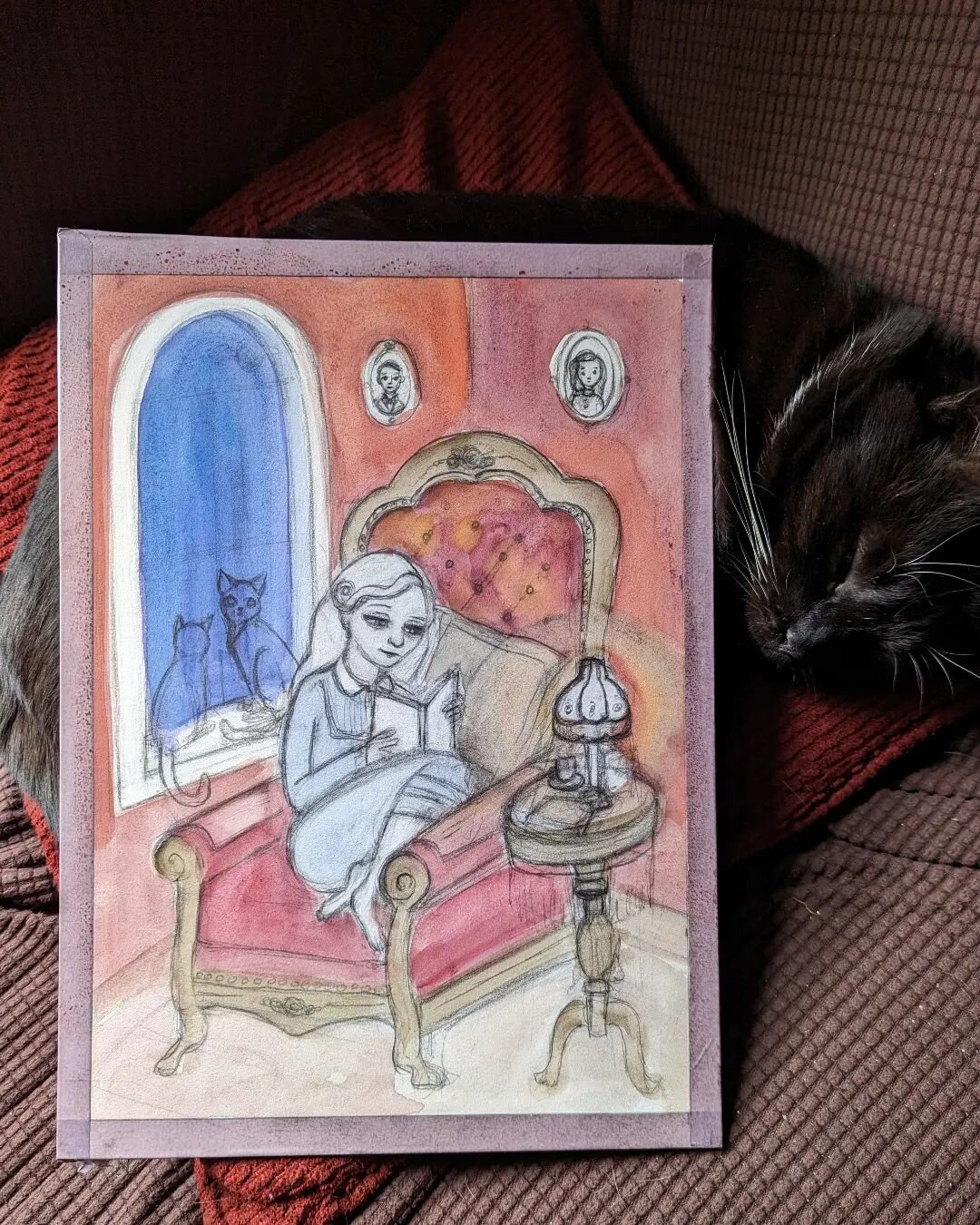 Today's work in progress. I'm busy working on a new piece for the upcoming June gallery show at City Art Gallery in San Francisco. I decided to challenge myself with creating an interior scene (Victorian, of course), and adding some of my favorite th