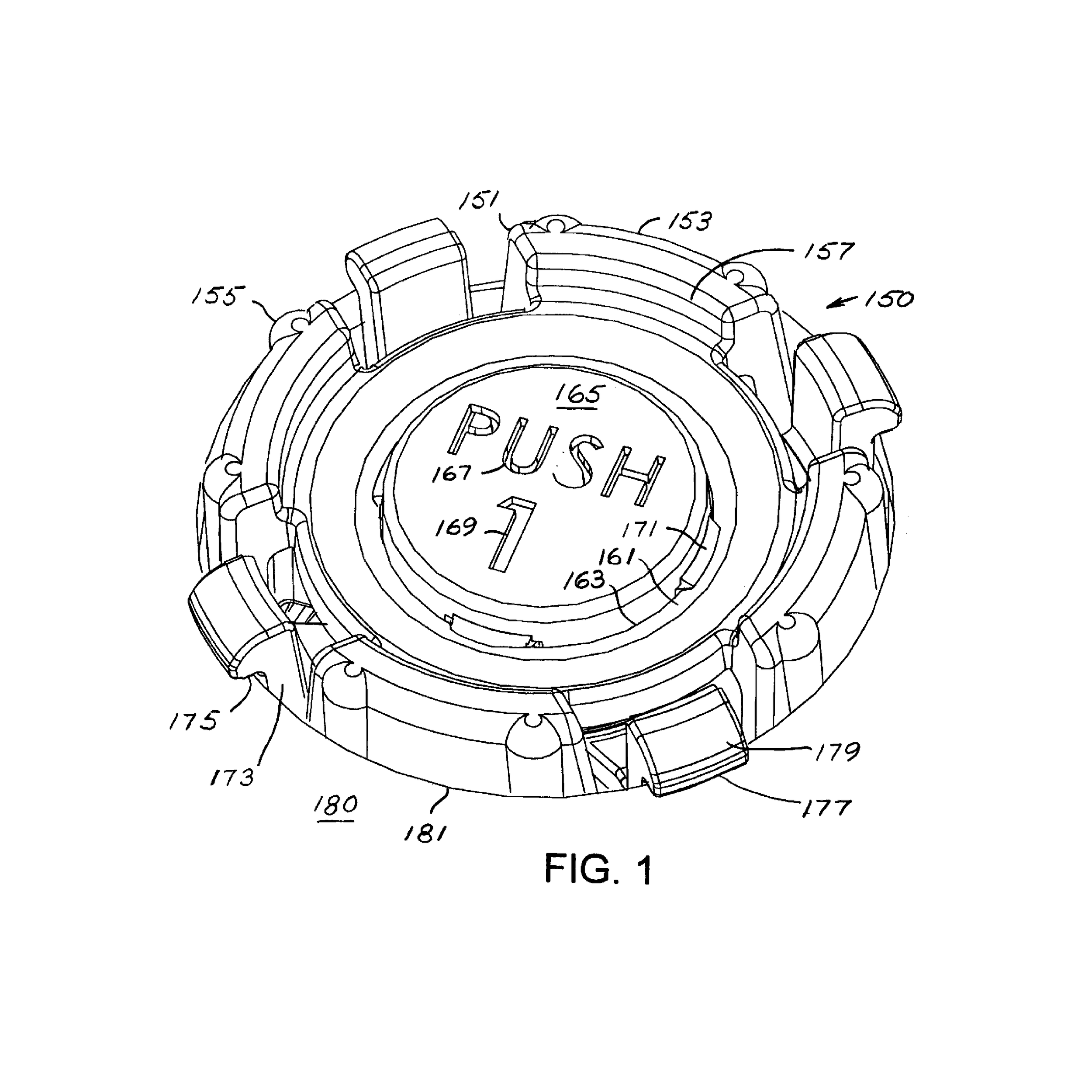  Patent drawing of a design by my brother John Gelardi. This is a button to release a CD from the packaging tray of the CD case. I love this drawing. The button was molded in red. 