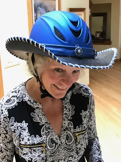  Diana D and her blue helmet hat!&nbsp; Matches her beautiful saddle blanket and her blue roan horse! 