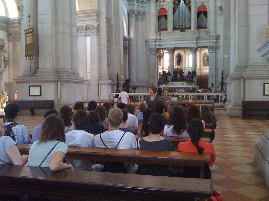 Tracy Cooper (Temple University) lecturing on Palladio's architecture in the church of San Giorgio Maggiore (photo: Joseph Kopta)
