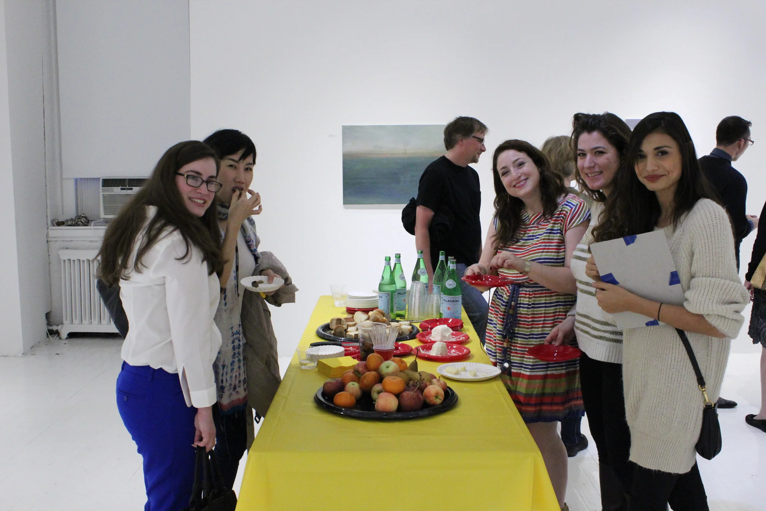 Students Elizabeth Meyers, Lawana Poopopsokul, Perri Schneider, Kaitlin Mazzei and Melina DiMarco at the 2012 Exhibition opening; Professor Chris Wright in the background.