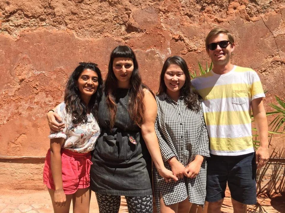 Prof. Grayson Cox and Scuola Grafica printmaking assistant Roberta Feoli with students Priya Parthasarathy and Sora Woo