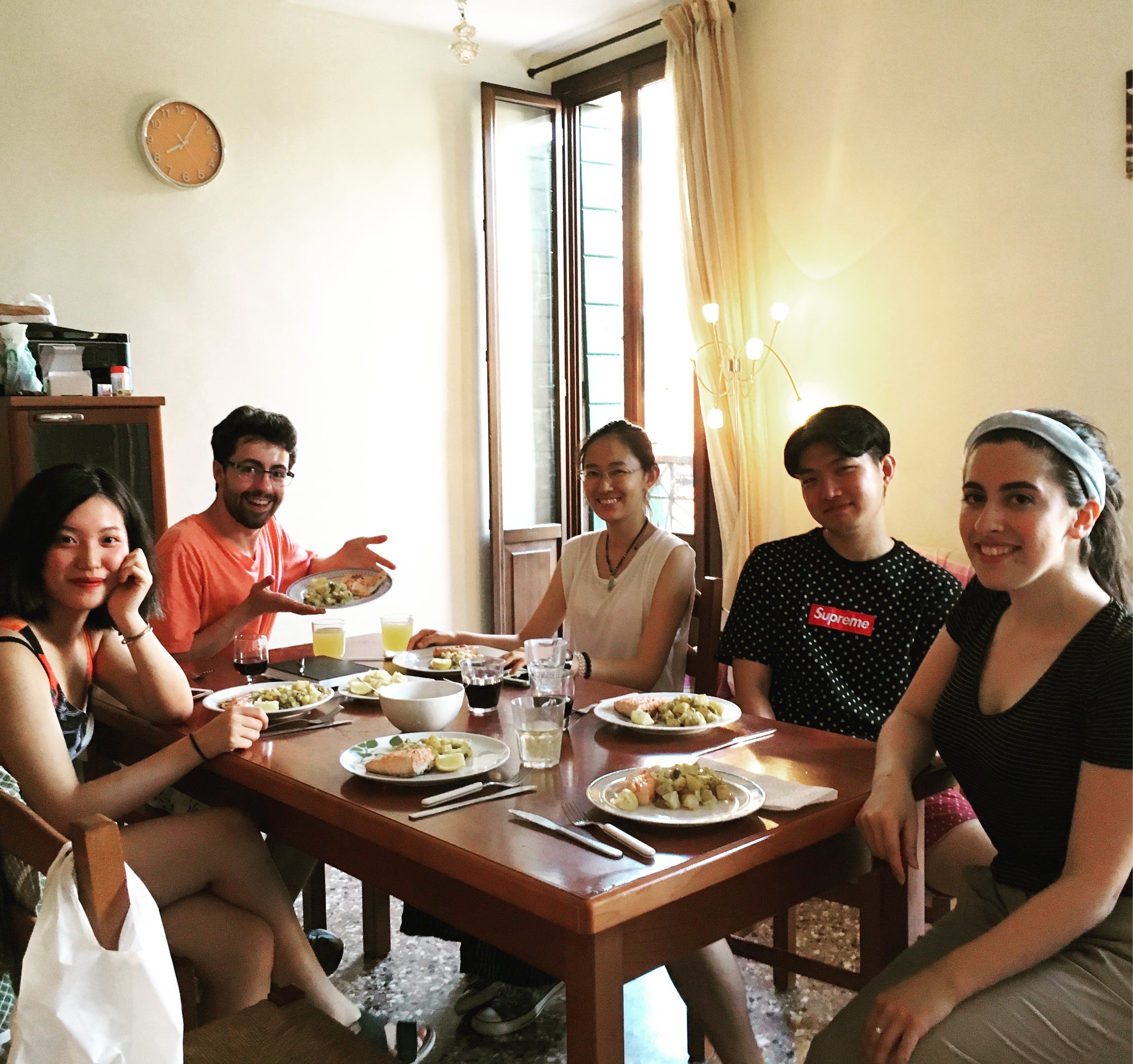 Safiye Senturk cooked dinner at the Via Garibaldi apartment for students Valen Zhang, Nick LaPole, Peixuan Li, and Chung Jae Lee
