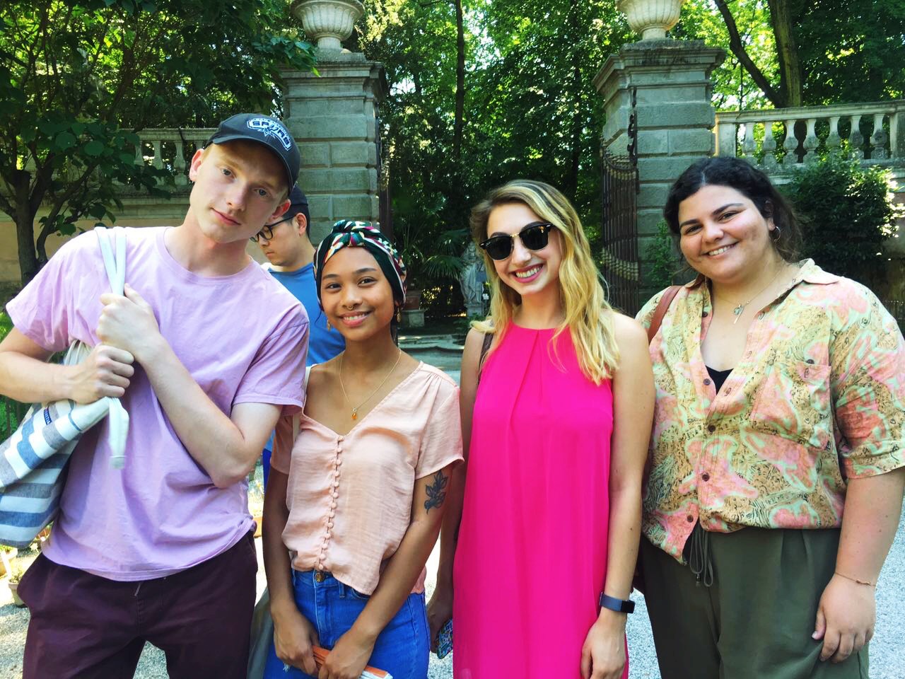 Christian Harding, Nichollette Manicad, Skyler Elfeldt, and Blanca Uribe at the Botanical Garden in Padua