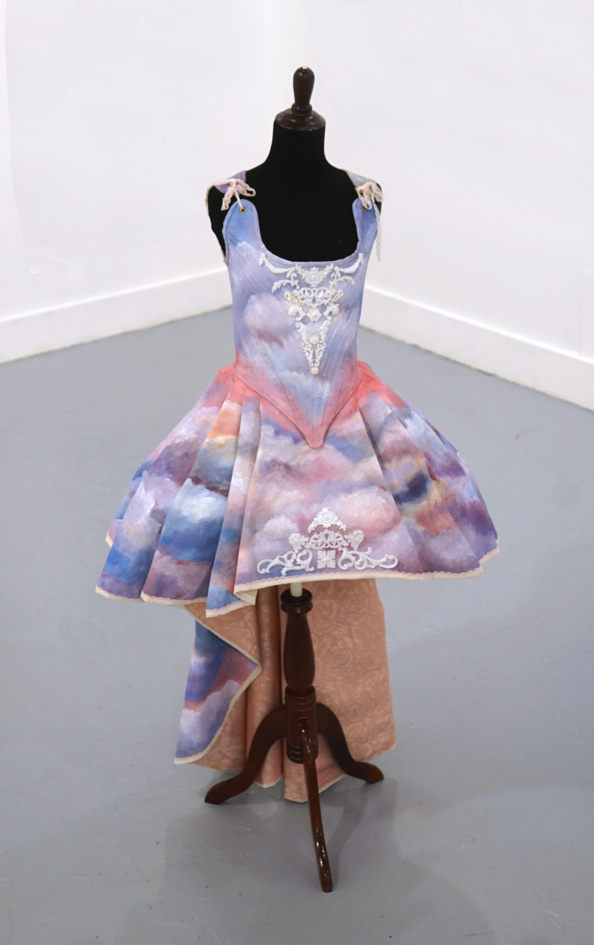  Kristen Costa (PiV ‘07),  Stucco Molding Rococo Cloud Dress , 2019. Acrylic on canvas, lace, and semigrid cast plastic; 5 x 3 ft. 