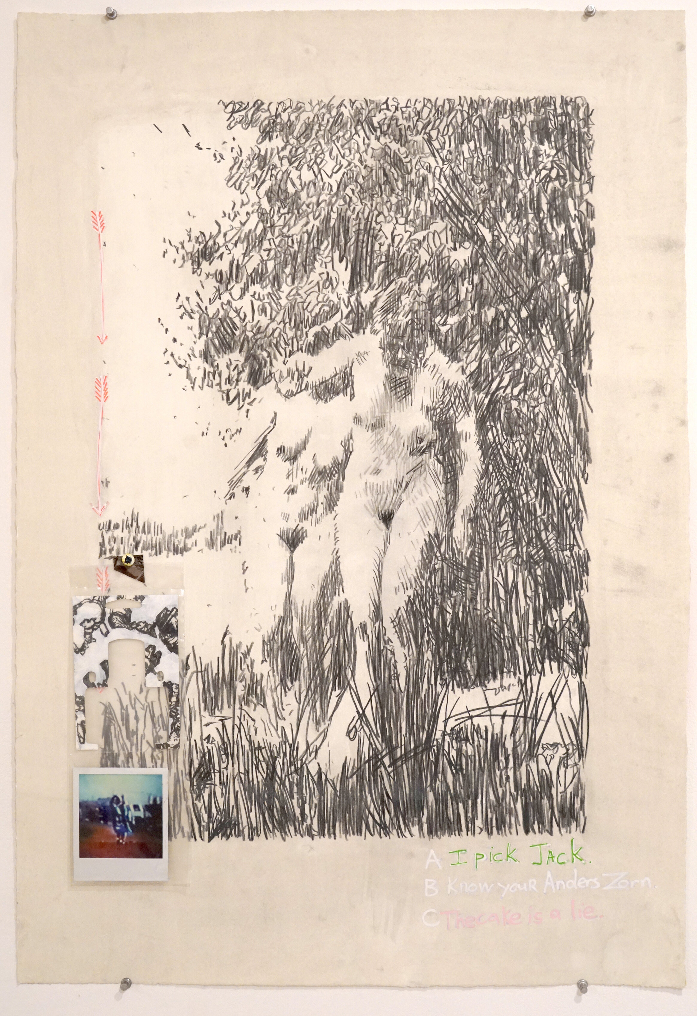  Joe Stauber (PiV faculty ‘08–’09),  "Pick Jack" After A. Zorn , 2009. Mixed media drawing on paper with polaroid, 22 X 30 in. 