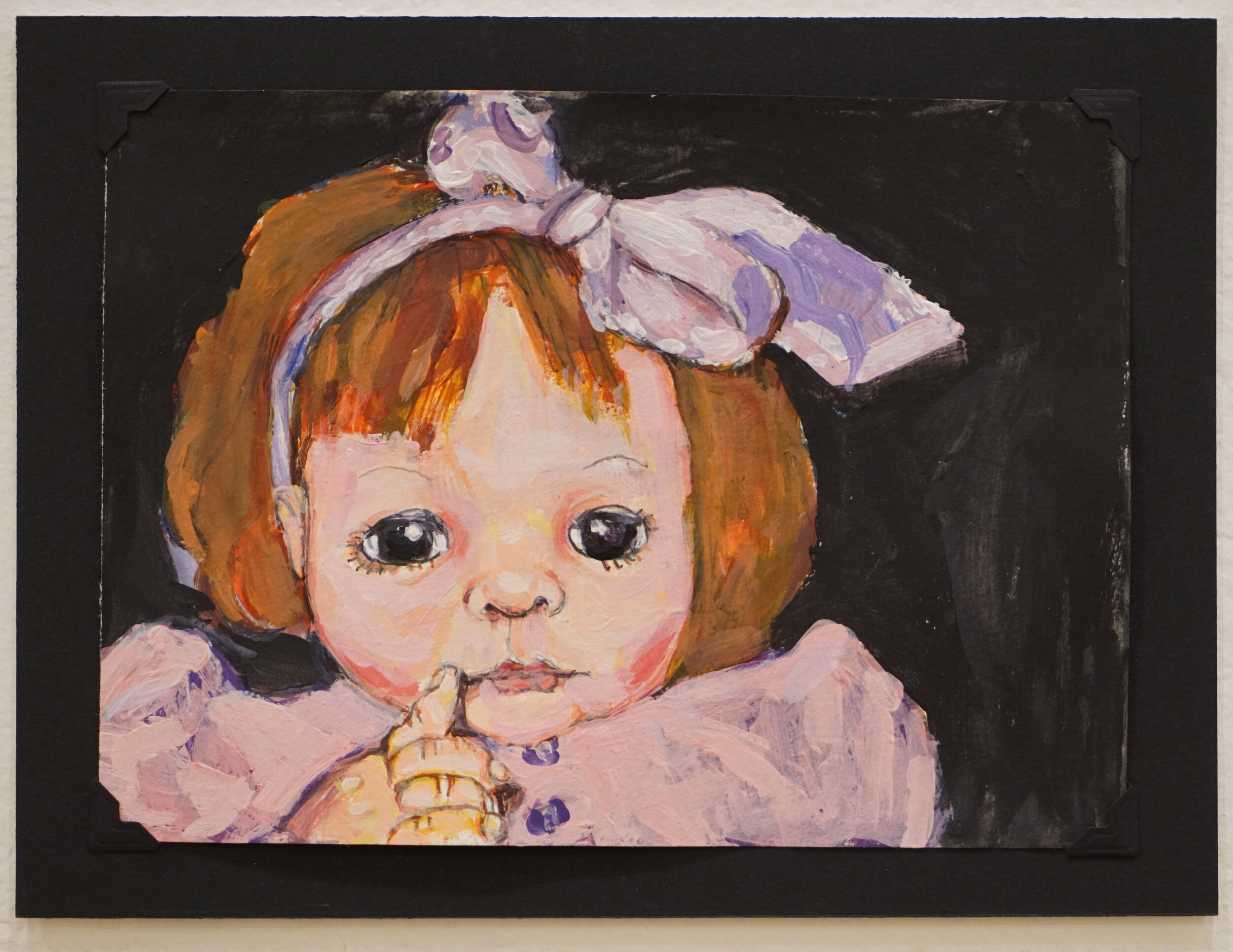  Elizabeth Wood (PiV ‘87),  Baby Doll with bow , 2018. Acrylic on paper, 8.5 x 5.5 in. 