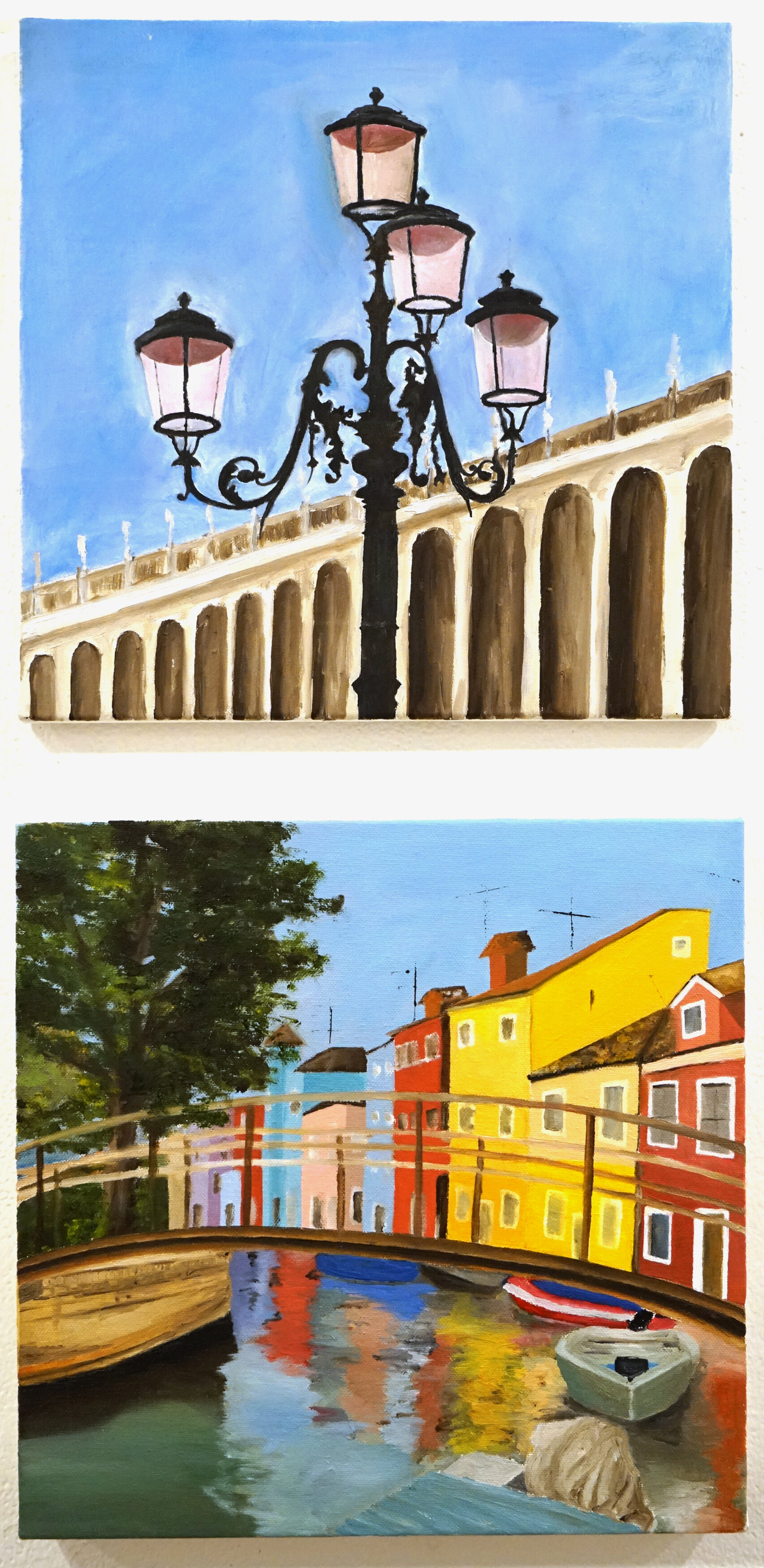  Donna Nadeem (PiV ‘19), (Top):  Piazza San Marco ; (bottom):  Burano.  Each 2019, oil on canvas, 12 x 12 in. 