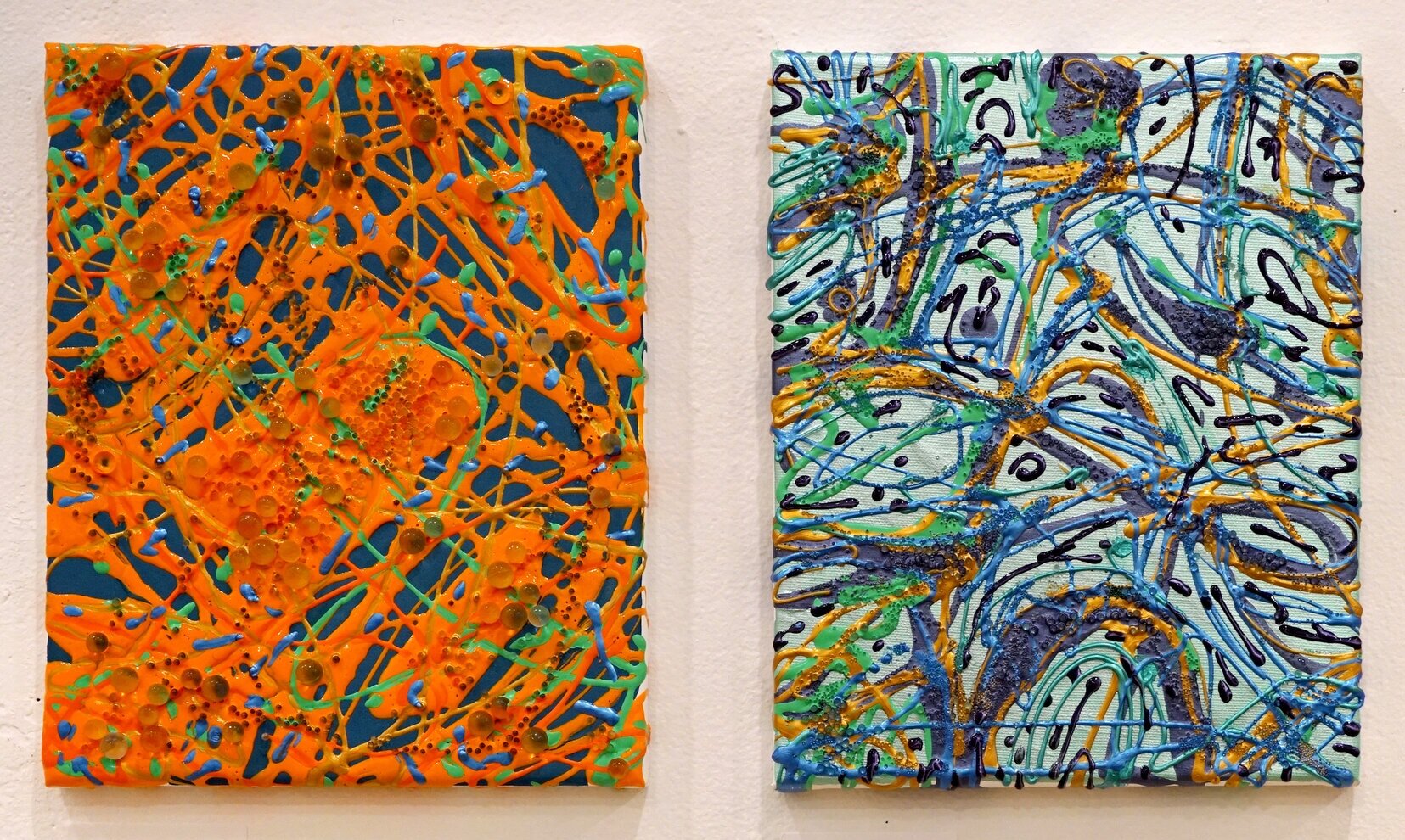  Hyewon Hahn (PiV ‘06), (Left):  study of lines 1 ; (right):  study of lines 2.  Each 2019, acrylic and glass beads on canvas, 27.5 x 21.5 cm. 