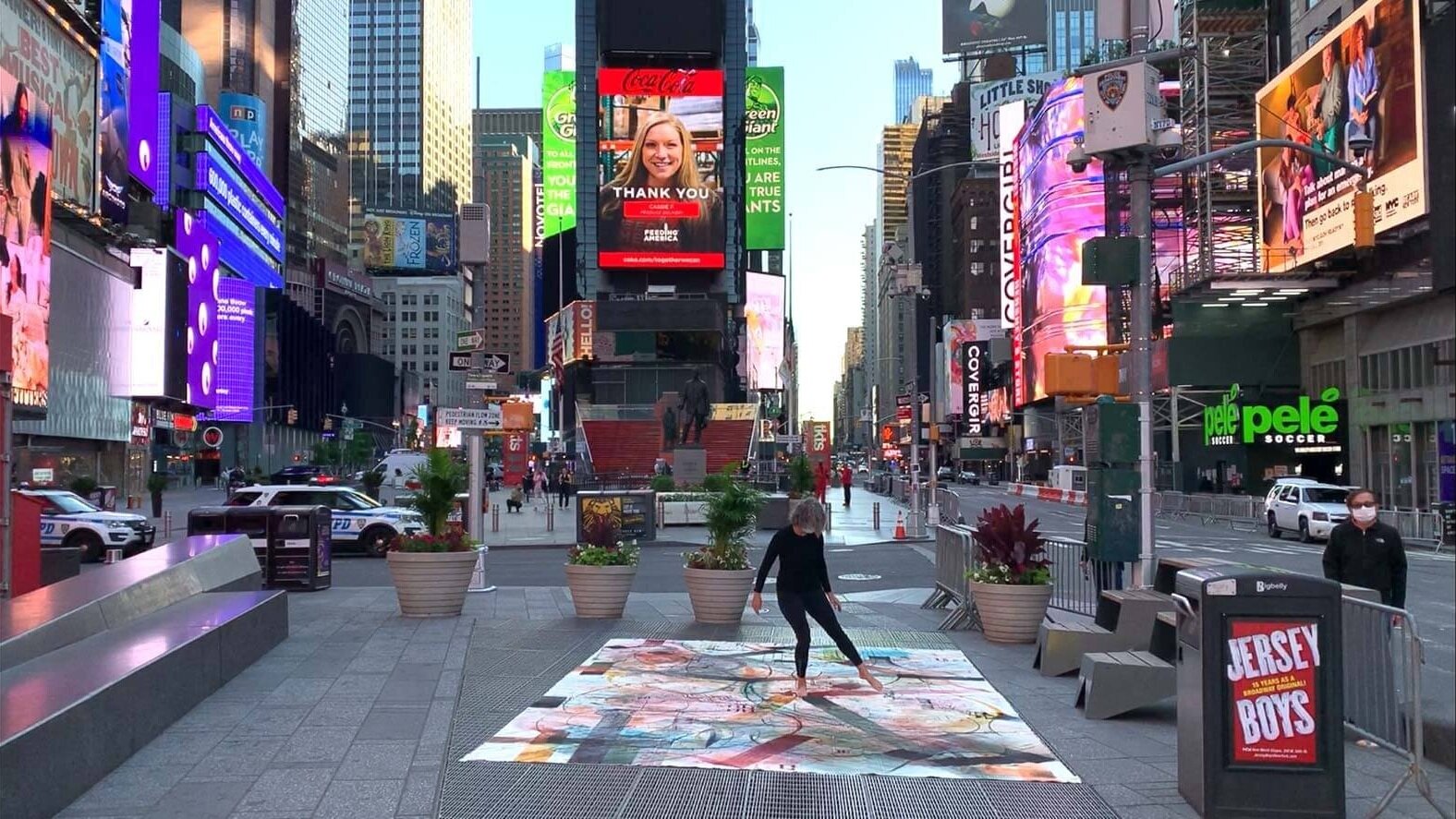 Susan Luss (PiV ‘11), Reclaiming Public Space, en plein air Intervention. Video still image. Dye on canvas. 12 by 18 feet. Times Square, New York. 31 May 2020.