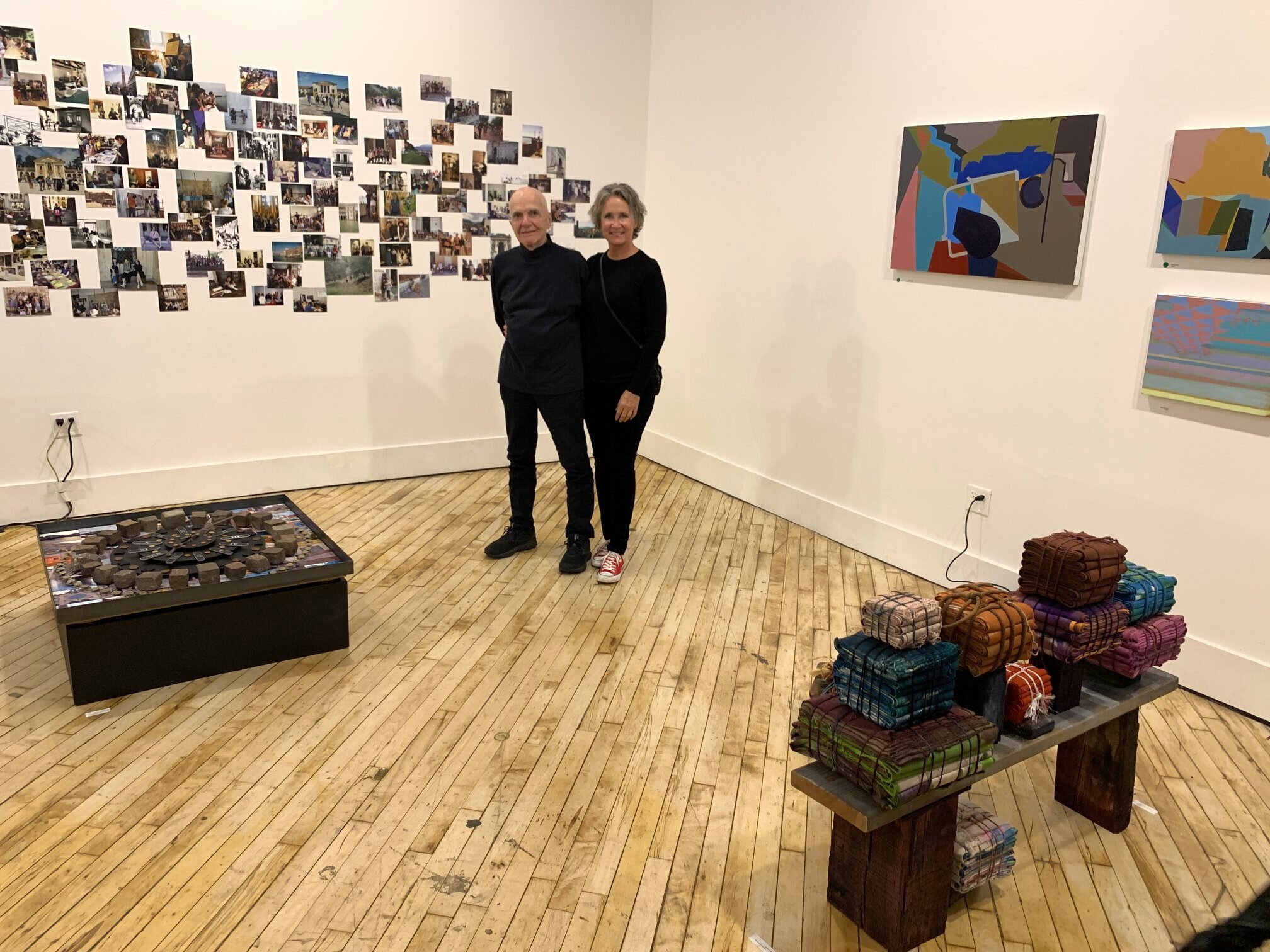 Alumni Gerald Luss and Susan Luss with their work (in the foreground) at the Pratt in Venice 35th Anniversary Exhibition &amp; Celebration opening reception at Steuben Gallery, Pratt Institute, October 16, 2019 (photo: Georgia Lale).