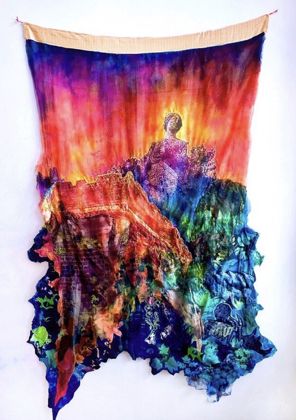  Aubrey Roemer (PiV ‘18),  Burning Bush , 2019. Digital prints on chiffon and organza from holga prints, paint, embroidery, and old household textiles, 54 x 72 in. 
