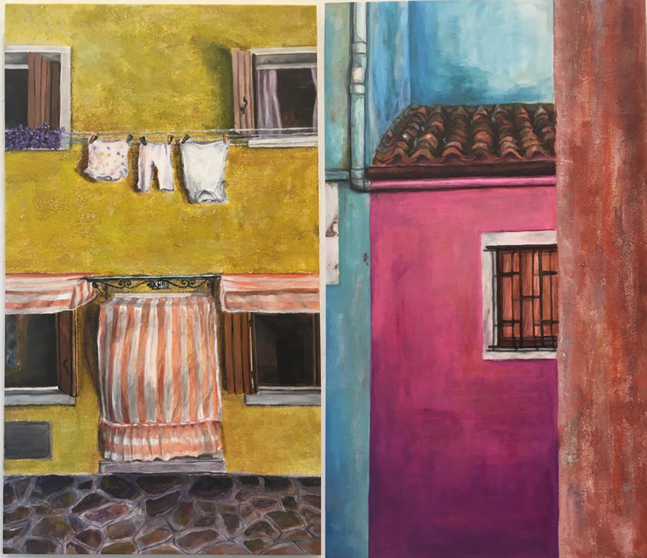  June Kim (PiV ‘18), Diptych (left):  Yellow House in Burano;  (right):  Pink House in Burano . Each 2018, acrylic on canvas, 31 x 17.5 x 1.75 in. 