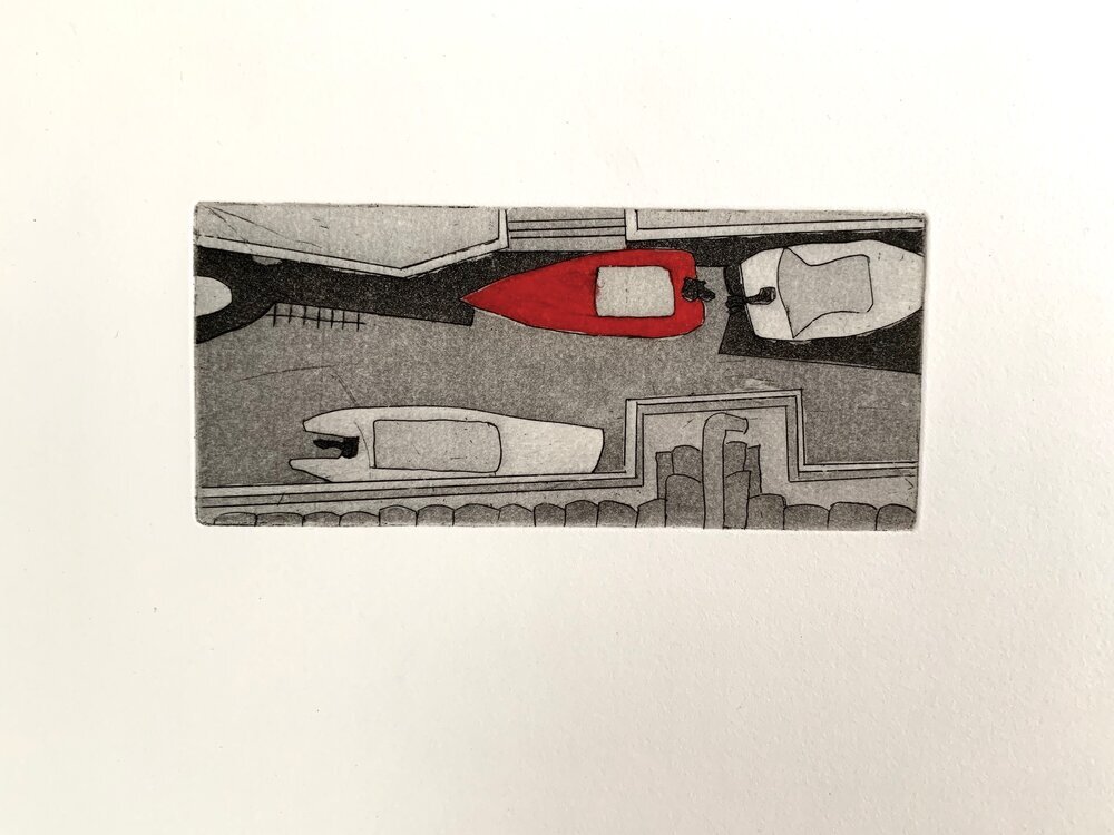  Dee Bowers (PiV ‘13),  Canal Boats from Above , 2013. Etching and aquatint on paper, 11 x 12.5 in. 