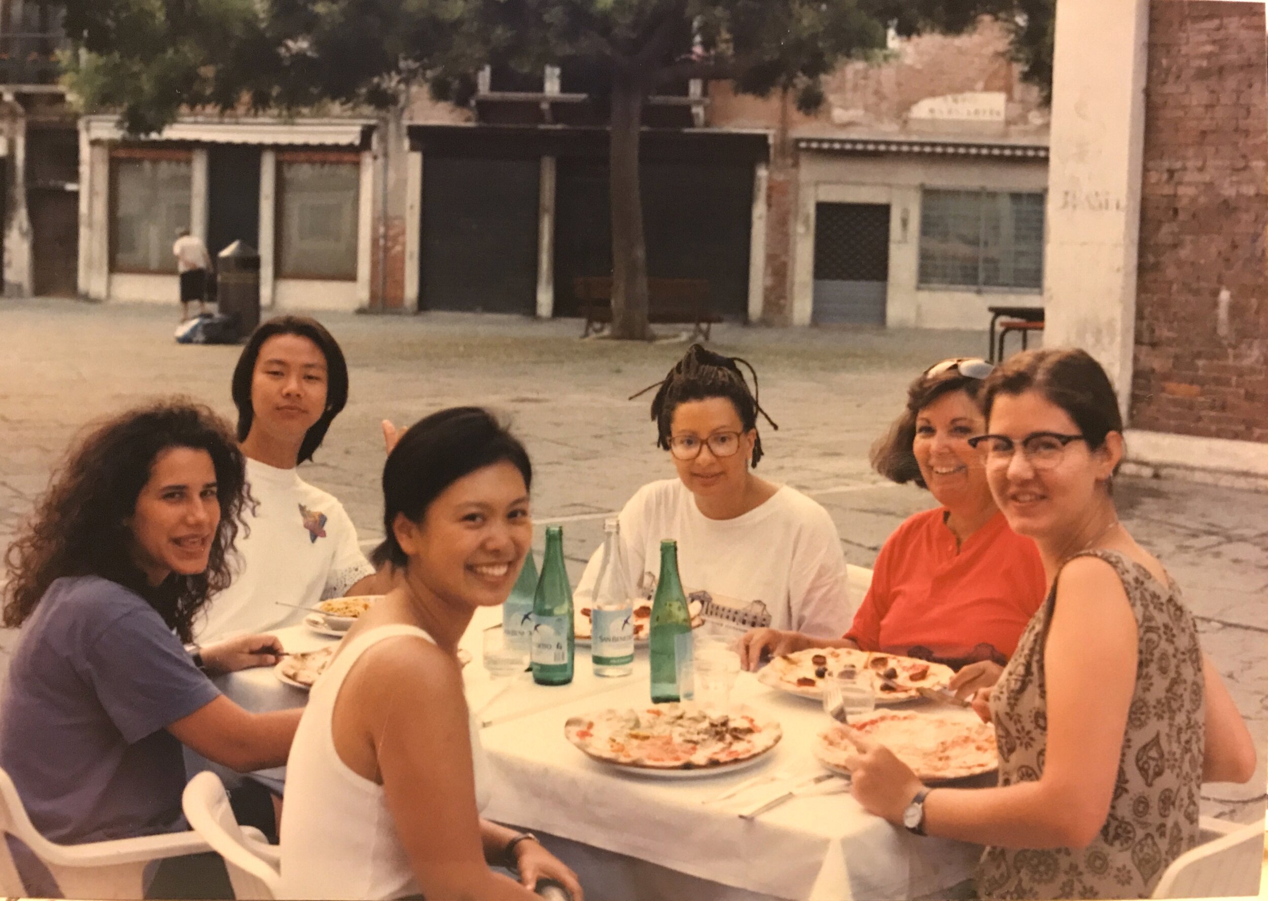   Pizza in the Piazza , Susan Jaramillo, Wennie Huang, and Sunny Spillane in front, 1993 (photo: Wennie Huang) 