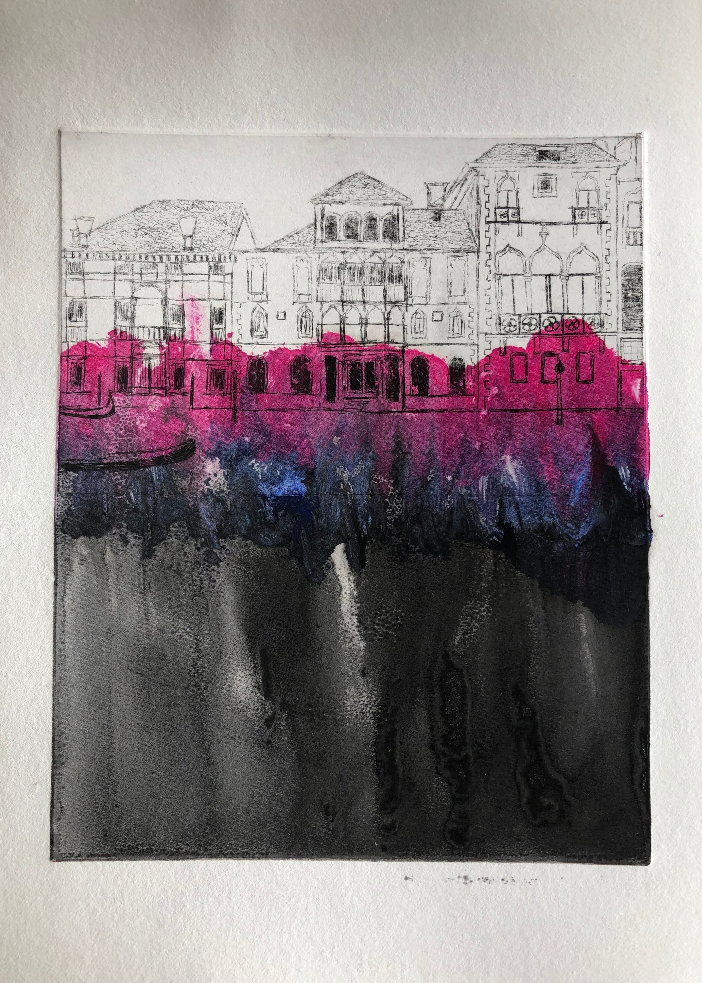  Donna Nadeem (PiV 2019),  Venetian Water #1 , 2019. Etching on copper plate with monoprint, 8 x 12 in. 