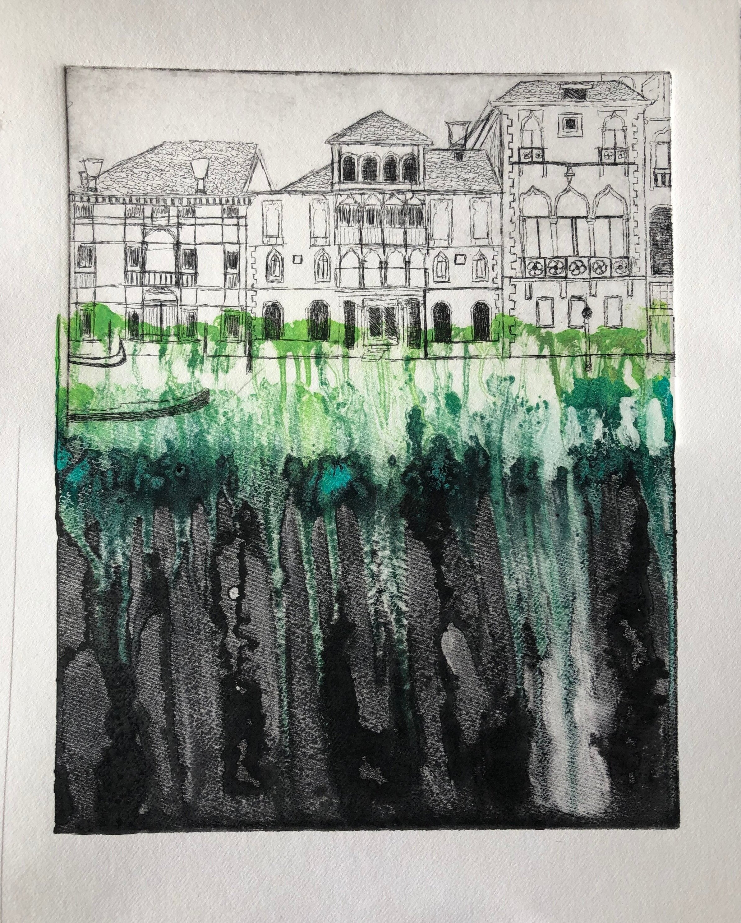  Donna Nadeem (PiV 2019),  Venetian Water #2 , 2019. Etching on copper plate with monoprint, 8 x 12 in. 
