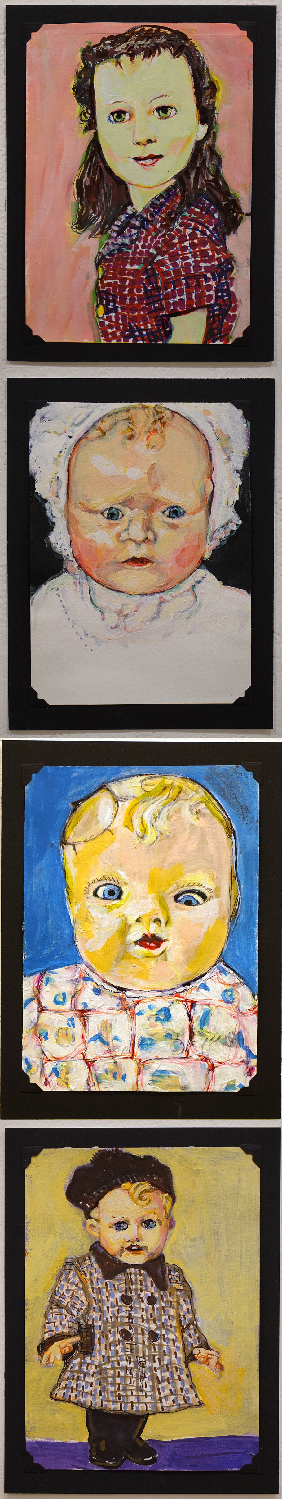  Elizabeth Wood (PiV ‘87), (From top to bottom):  Lori Martin doll,  2018 ; Baby Doll with bonnet,  2018;  Baby Doll with cracked head , 2019;  1950s Pedigree Doll with molded hair , 2018. Each acrylic on paper, 5.5 x 8.5 in. 