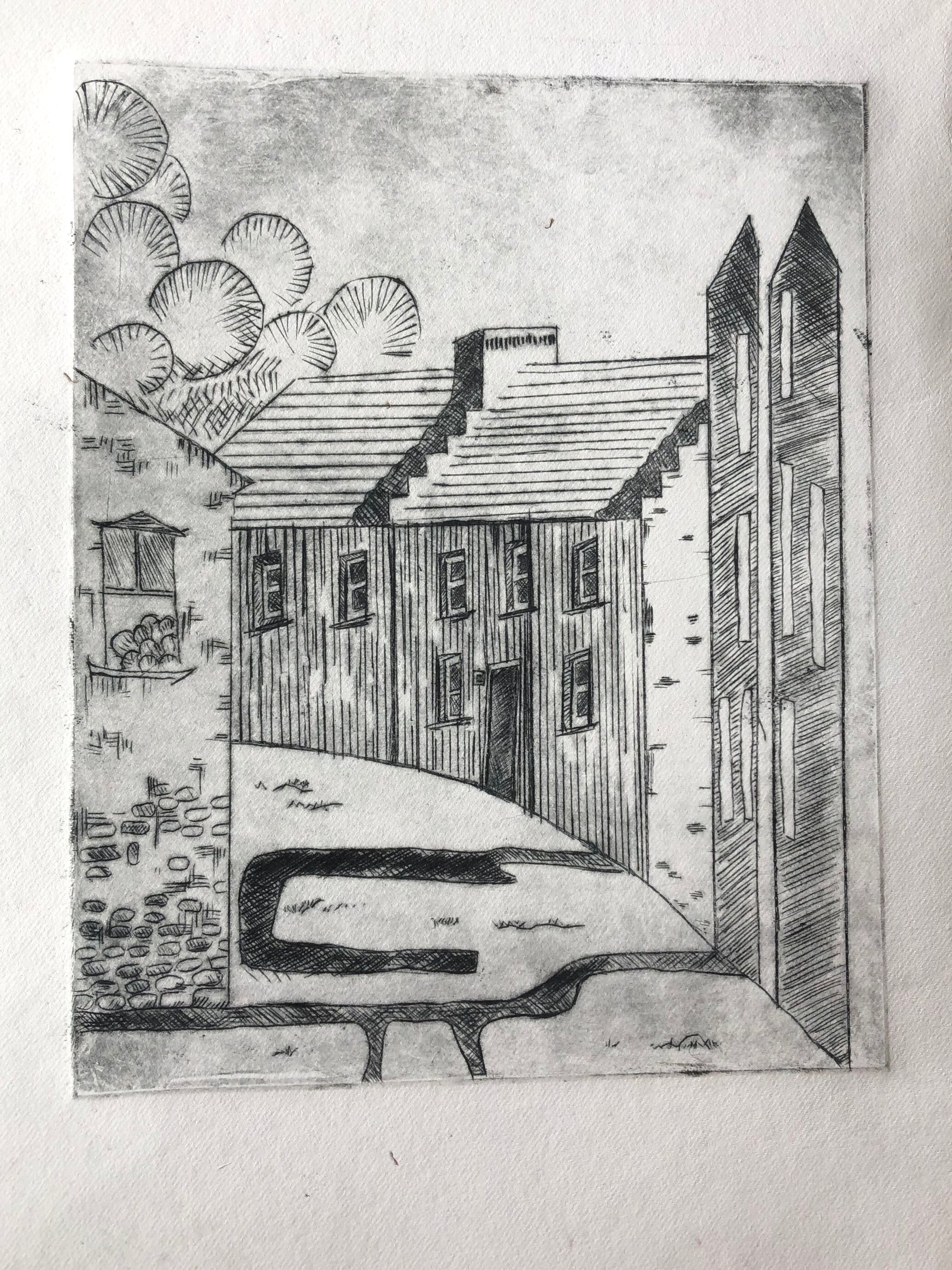  Chenyu (Cheryl) Huang (PiV ‘19),  Corner , 2019. Drypoint etching, 8 x 12 in. 