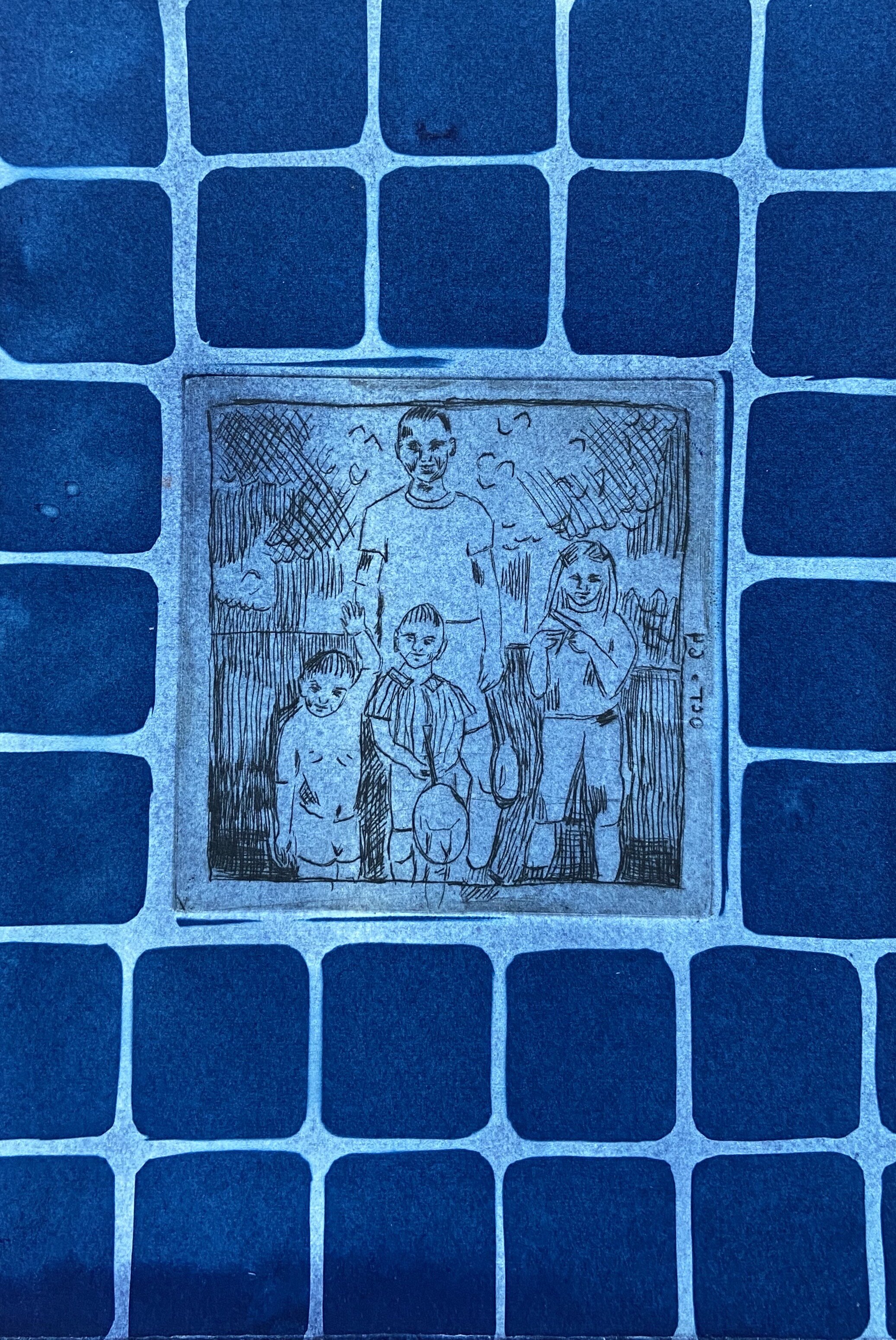  Eleanor McGuirk (PiV ‘19);  My two uncles, mom and grandpa, October, 1964, Darien, Connecticut , 2019. Cyanotype and drypoint. 