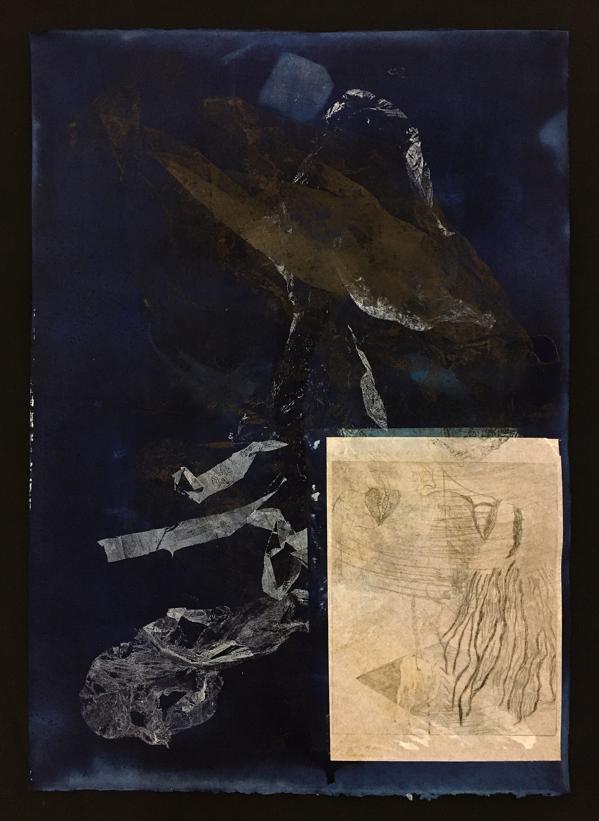  Kosuke Kawahara (PiV ‘19),  Sunken Place , 2019. Cyanotype, Collagraph, and Drypoint; 22 x 30 in. 