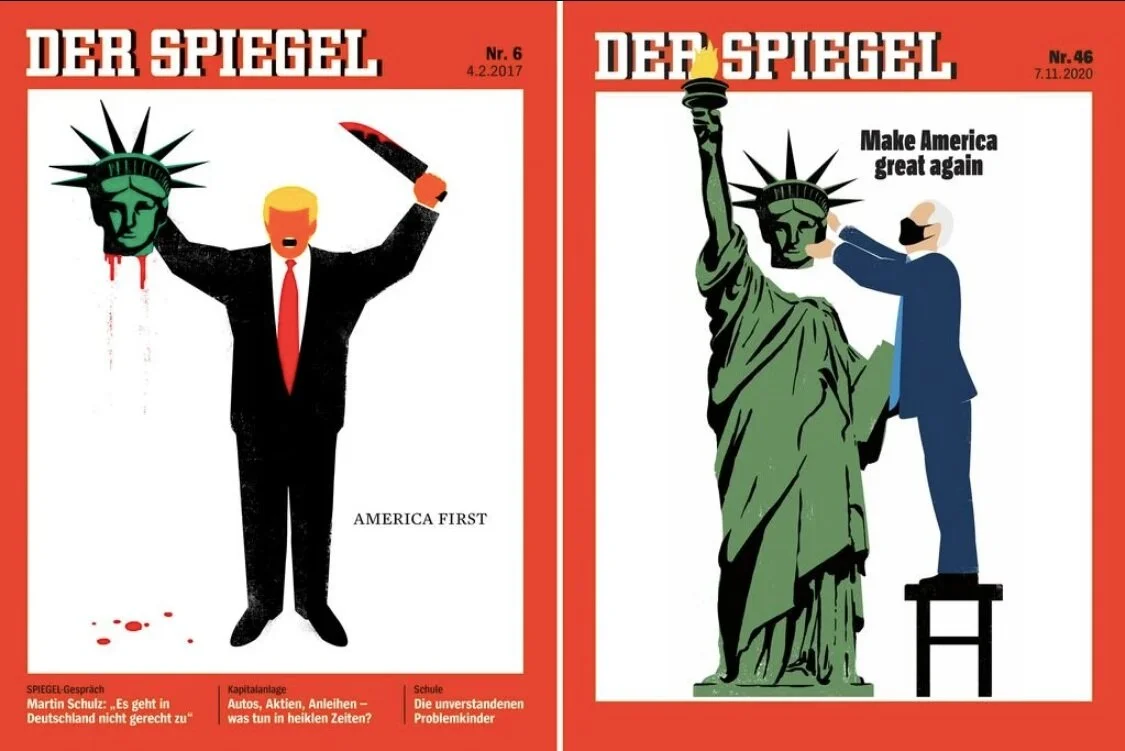 Two issues of Der Spiegel from February 4, 2017 and November 7, 2020, featuring covers designed by Pratt in Venice alumnus Edel Rodriguez (PiV ‘92).