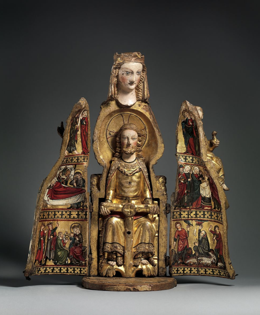   Shrine of the Virgin , ca. 1300 CE. German, made in the Rhine Valley, oak, linen covering, polychromy, gilding, gesso, 14.5 x 13.5 x 5.25 in. (Metropolitan Museum of Art, 17.190.185a, b) 