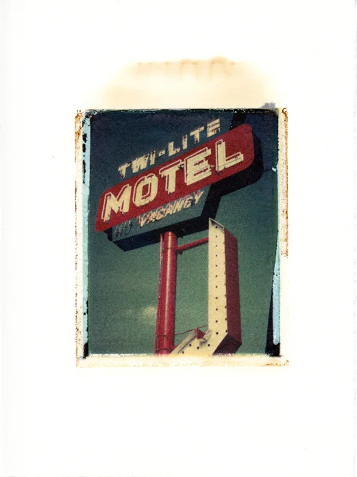 Twi-Lite Motel side, Wisconsin Dells , Wisconsin, Polaroid Transfer on hot press watercolor paper, 6" x 7.5", 2012 
