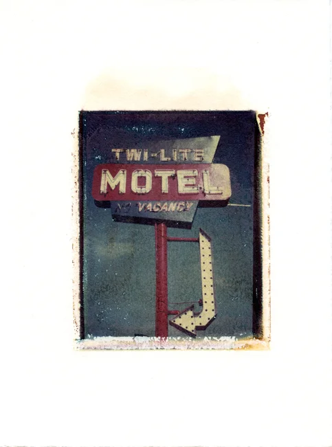 Twi-Lite Motel front, Wisconsin Dells, Wisconsin , Polaroid Transfer on hot press watercolor paper, 6" x 7.5", 2012