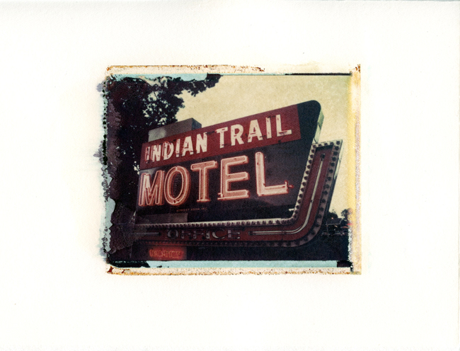   Indian Trail Motel, Wisconsin Dells, Wisconsin ,&nbsp;Polaroid Transfer on hot press watercolor paper,&nbsp;6.75" x 6", 2012 