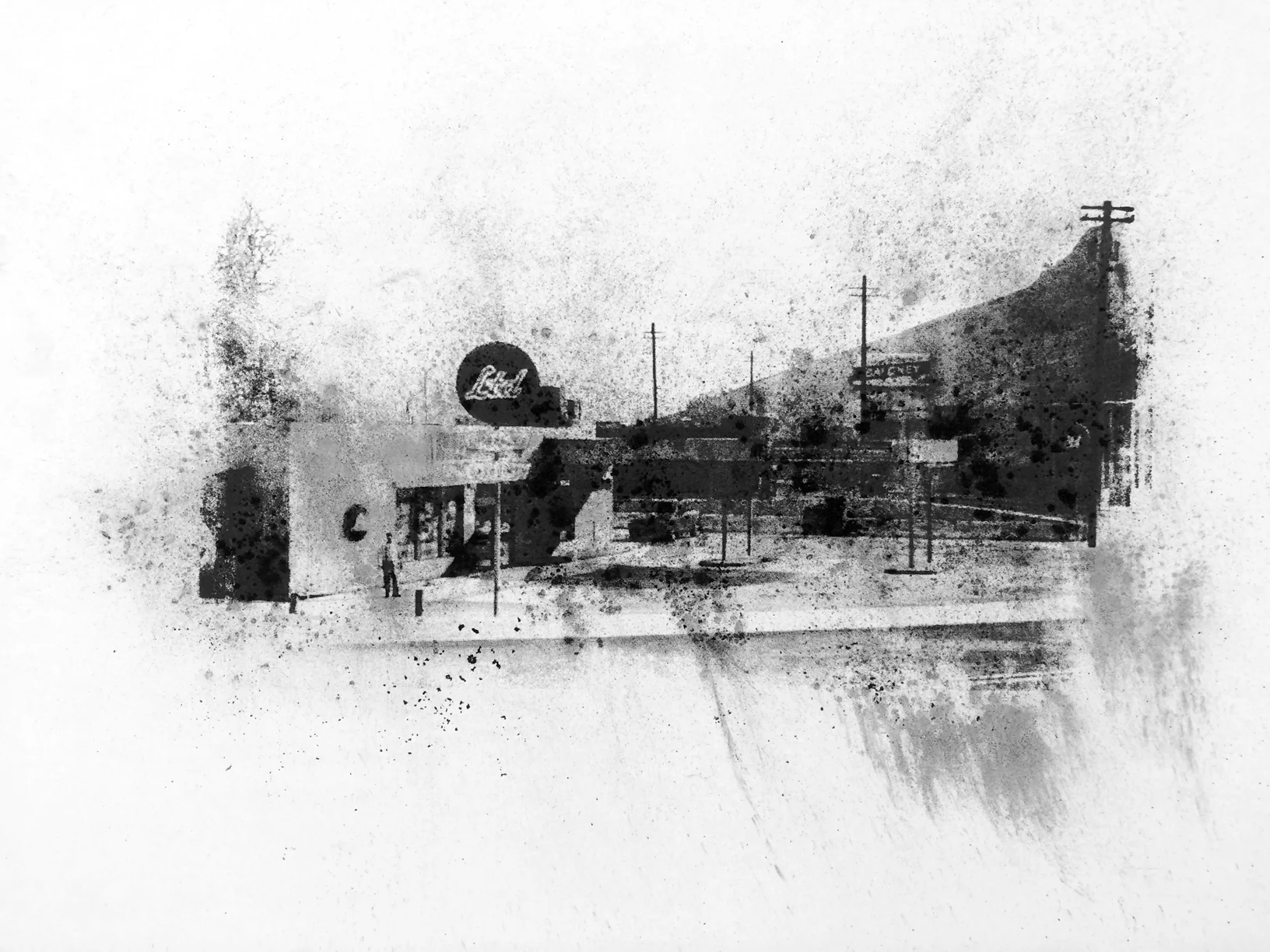 Limited Gasoline, Grapeseed, Blaine County , Charcoal Screen Print, 18"x24", 2016