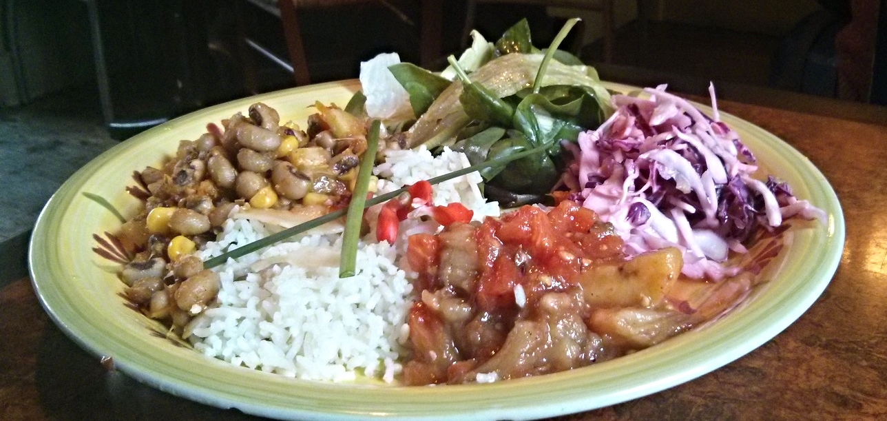 Trinidadian Black-Eyes Peas, Pumpkin, Aubergine and Plantain Choka with Coconut Rice, Coleslaw and Salad