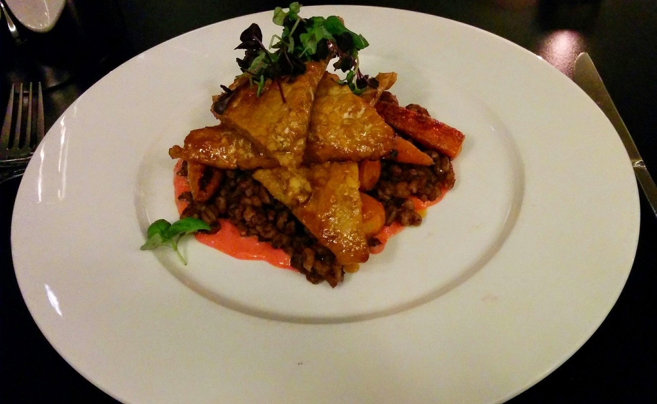 Maple and Orange Glazed Tempeh, with Grilled Baby Carrots, Chocolate & Gochujang Pearl Barley