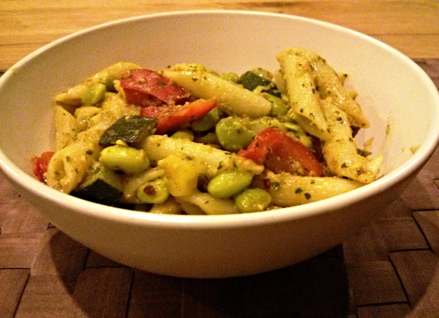 Basil sauce mixed in to the pasta which was suggested in the recipe