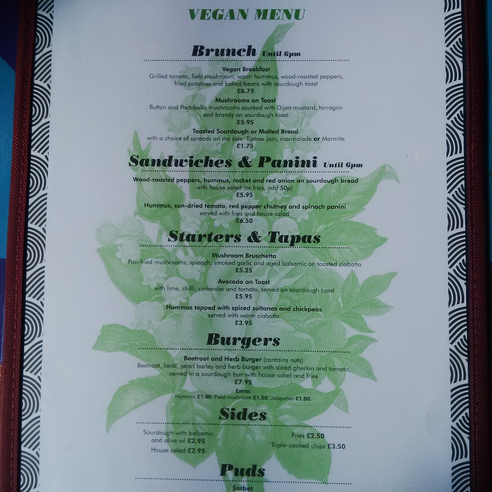 Vegan menu