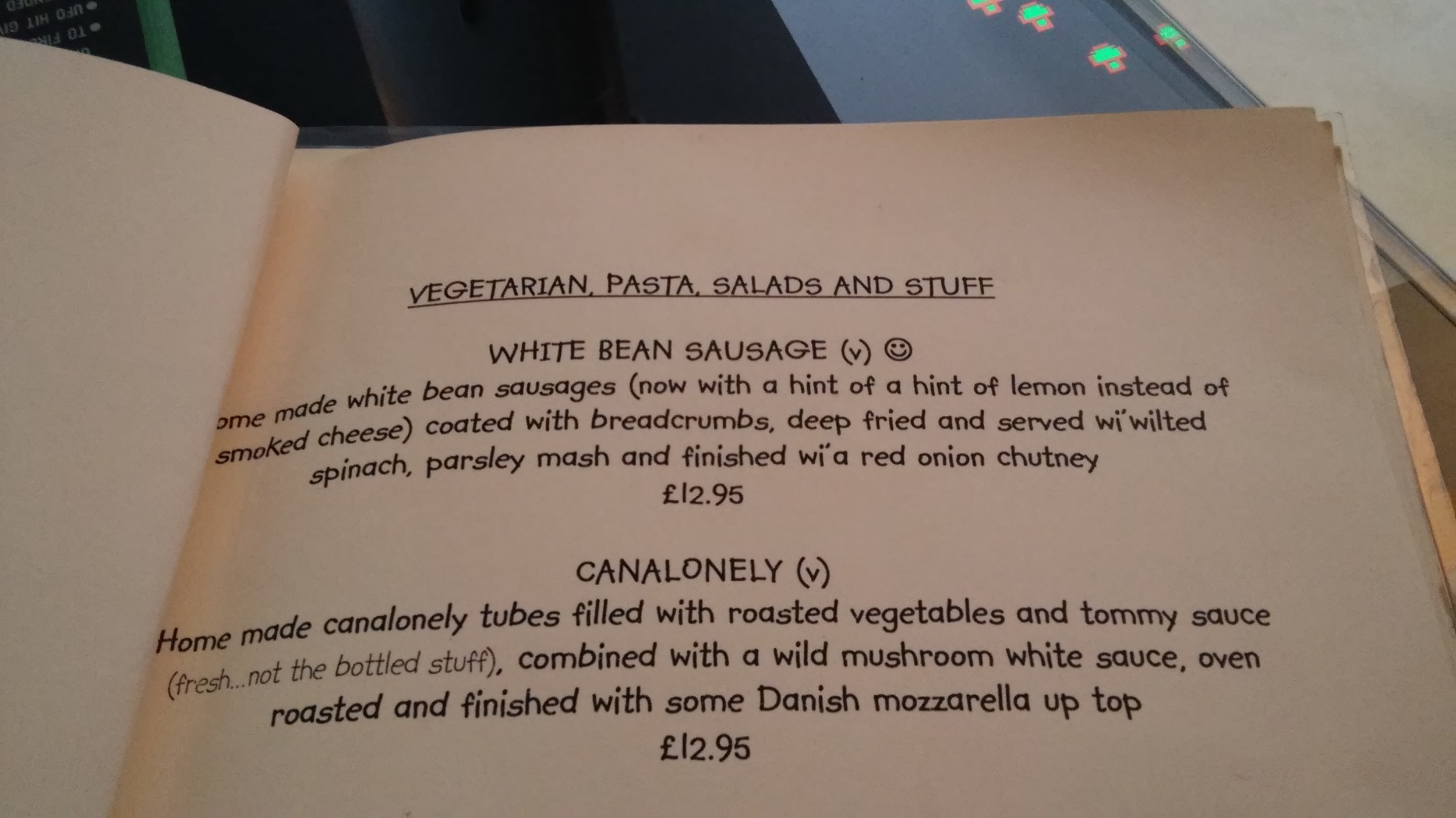 Menu showing vegan mains 